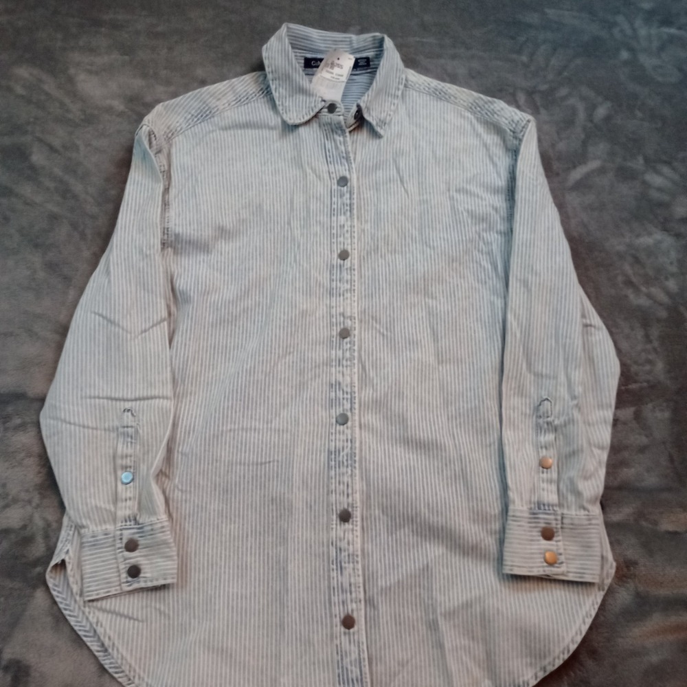 Calvin Klein Snap Shirt Womens SZ XS Chambray Blue White Striped 100% Cotton